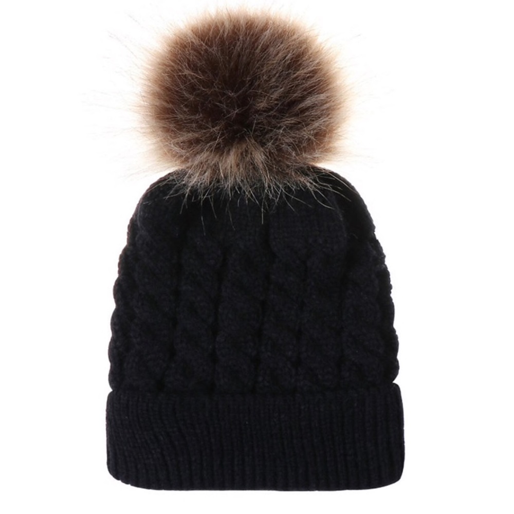 Children’s Black Knitted Beanie with Fur Pom Pom - Picture 4 of 7